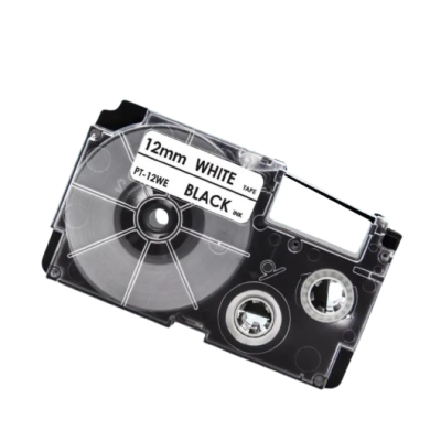 Casio XR-12WE compatible labeltape zwart op wit 12mm