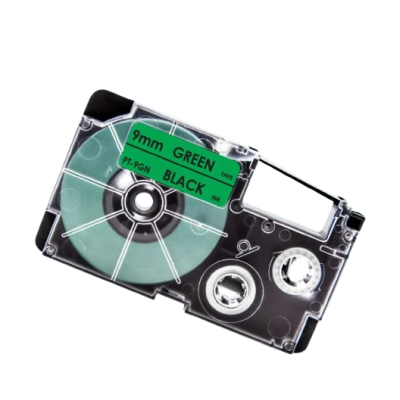 Casio XR-9GN compatible labeltape zwart op groen 9mm