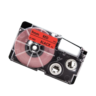Casio XR-9RD compatible labeltape zwart op rood 9mm