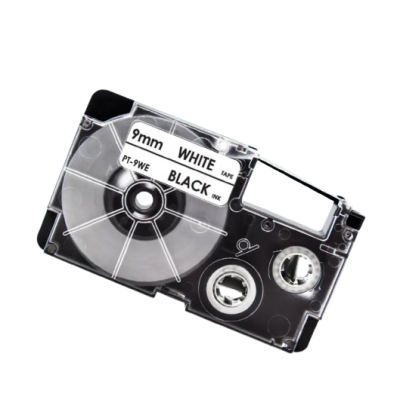 Casio XR-9WE compatible labeltape zwart op wit 9mm